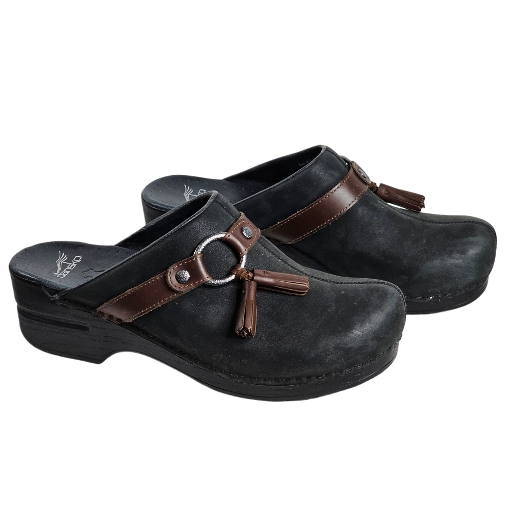 Dansko Shandi Clogs Mules Women EU Sz 41 Black Nubuck Brown Tassel Boho Nursing